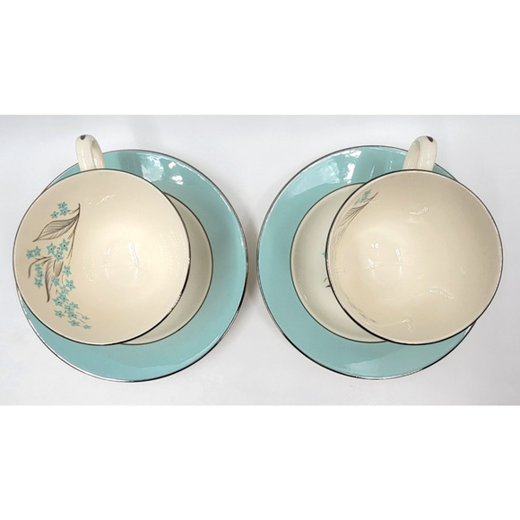 Sevron Powder Blue Lace Tea Coffee Cup Saucer Silver Trim 1950's Set of 2 - Picture 8 of 16